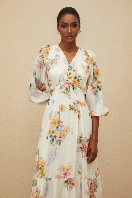 Paolina Midi Dress - V - Neck - Long Puff Sleeves - Fitted Waistline - Floral Print - Shirred Effect