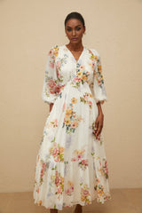 Paolina Midi Dress - V - Neck - Long Puff Sleeves - Fitted Waistline - Floral Print - Shirred Effect