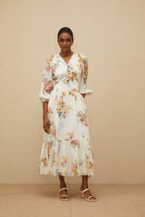 Paolina Midi Dress - V - Neck - Long Puff Sleeves - Fitted Waistline - Floral Print - Shirred Effect