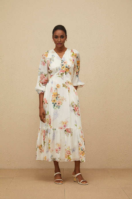 Paolina Midi Dress - V - Neck - Long Puff Sleeves - Fitted Waistline - Floral Print - Shirred Effect