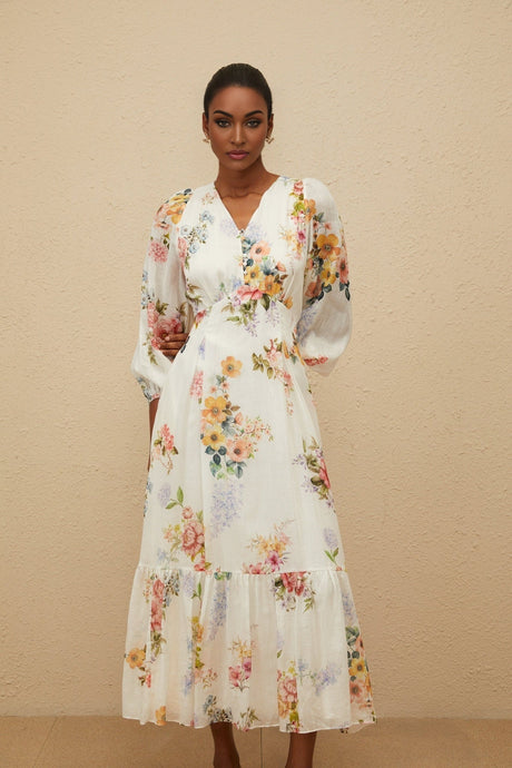 Paolina Midi Dress - V - Neck - Long Puff Sleeves - Fitted Waistline - Floral Print - Shirred Effect