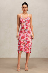 Paolina Pink Floral Print Bodycon Halter Midi Dress