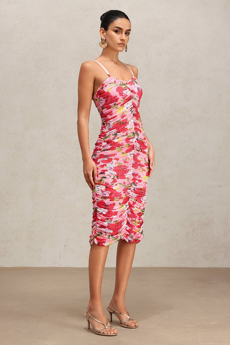Paolina Pink Floral Halter Midi Dress