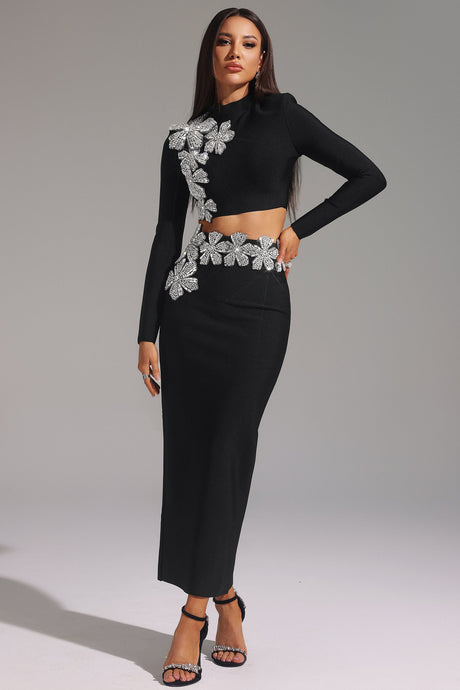 Paris Black Bandage Diamond Flower Embellished Dress