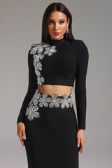 Paris Black Bandage Diamond Flower Embellished Two-Piece Dress