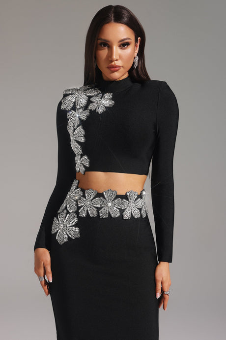 Paris Black Bandage Diamond Flower Embellished Two-Piece Dress