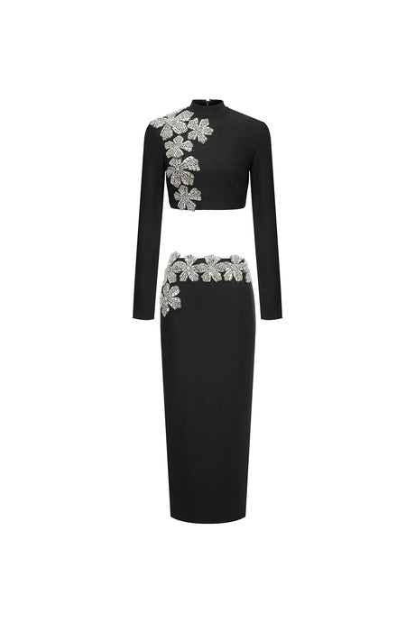 Paris Black Bandage Diamond Flower Embellished Two-Piece Dress