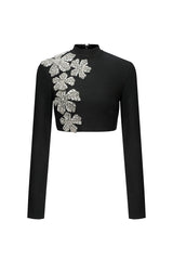 Paris Black Bandage Diamond Flower Embellished Two Piece Dress