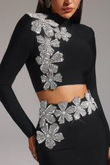 Paris Black Bandage Diamond Flower Embellished Two-Piece Dress