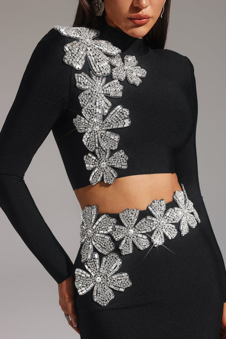 Paris Black Bandage Diamond Flower Embellished Two-Piece Dress