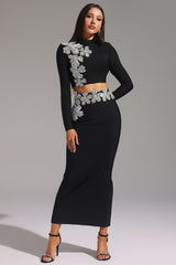 Paris Black Bandage Dress Diamond Flower Embellishments High Neckline Evening Events Formal Gatherings