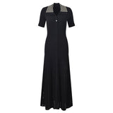 Paris Dress - Maxi Length Fitted Bodice - Ribbed Texture Button - Down Front - Slim Silhouette - Studded Collar Accent