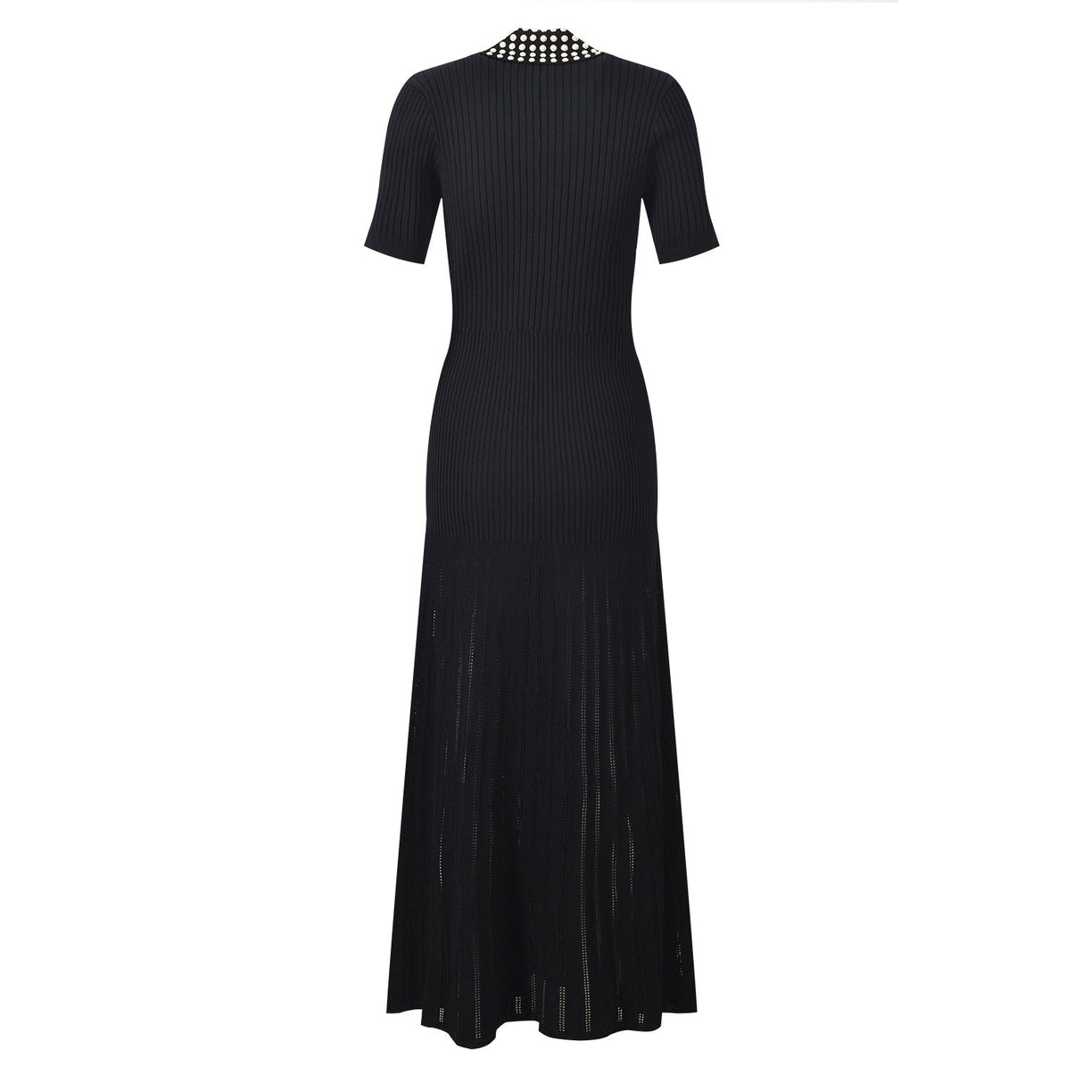 Paris Dress - Maxi Length Fitted Bodice - Ribbed Texture Button - Down Front - Slim Silhouette - Studded Collar Accent