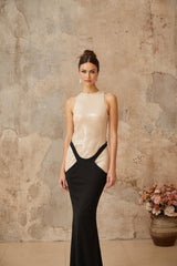 Paris Maxi Dress Black Sequin Panel Flare Hem Open - Back