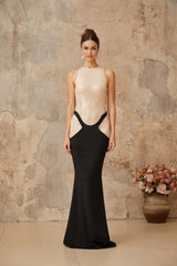 Paris Maxi Dress Black Sequin Panel Flare Hem Open - Back