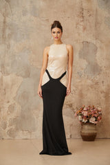 Paris Maxi Dress Black Sequin Panel Flare Hem Open - Back