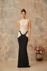 Paris Maxi Dress Black Sequin Panel Flare Hem Open - Back