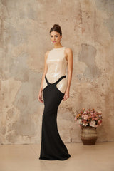 Paris Maxi Dress Black Sequin Panel Flare Hem Open - Back