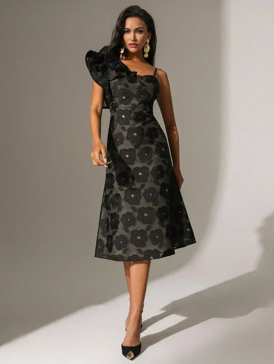 Paris Midi Dress - Asymmetrical Neck - Flounce Sleeve - High Waist - Floral Pattern - Elegant Style