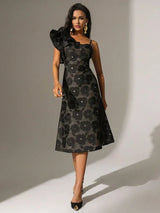 Paris Midi Dress - Asymmetrical Neck - Flounce Sleeve - High Waist - Floral Pattern - Elegant Style