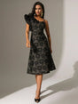 Paris Midi Dress - Asymmetrical Neck - Flounce Sleeve - High Waist - Floral Pattern - Elegant Style