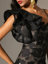 Paris Midi Dress - Asymmetrical Neck - Flounce Sleeve - High Waist - Floral Pattern - Elegant Style