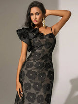 Paris Midi Dress - Asymmetrical Neck - Flounce Sleeve - High Waist - Floral Pattern - Elegant Style