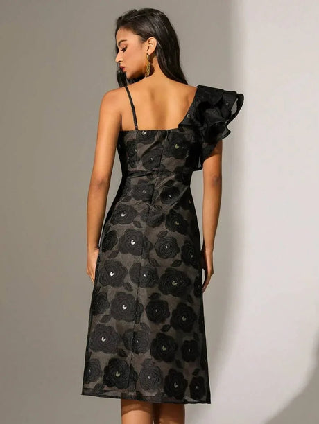 Paris Midi Dress - Asymmetrical Neck - Flounce Sleeve - High Waist - Floral Pattern - Elegant Style