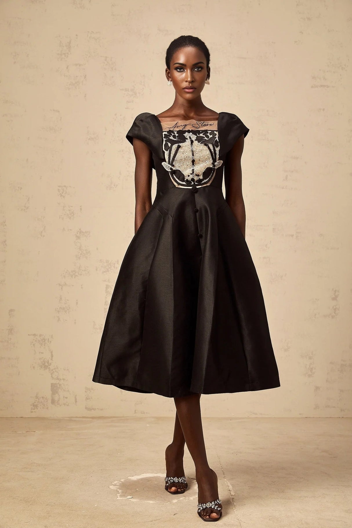 Paris Midi Dress Black Satin Floral Appliqu Tulle Paneling Square Neck Zip Fastening