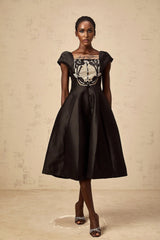 Paris Midi Dress Black Satin Floral Appliqu Tulle Paneling Square Neck Zip Fastening