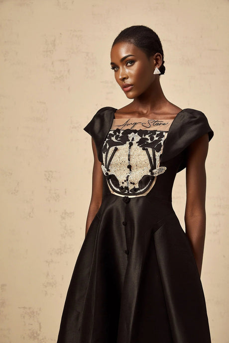 Paris Midi Dress Black Satin Floral Appliqu Tulle Paneling Square Neck Zip Fastening