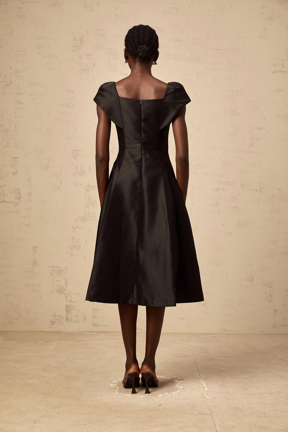 Paris Midi Dress Black Satin Floral Appliqu Tulle Paneling Square Neck Zip Fastening