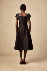 Paris Midi Dress Black Satin Floral Appliqu Tulle Paneling Square Neck Zip Fastening