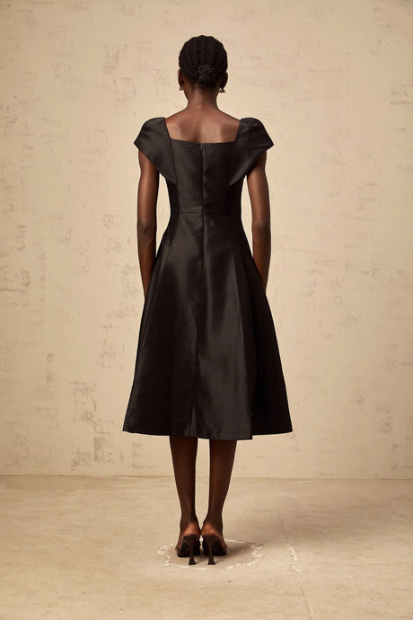 Paris Midi Dress Black Satin Floral Appliqu Tulle Paneling Square Neck Zip Fastening