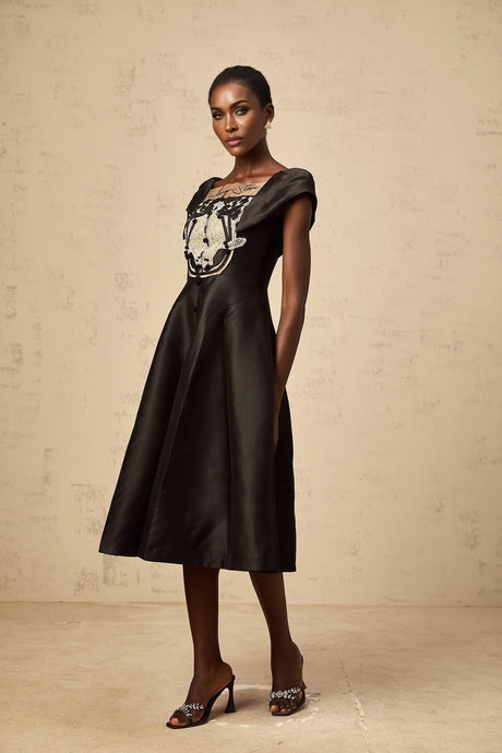 Paris Midi Dress Black Satin Floral Appliqu Tulle Paneling Square Neck Zip Fastening