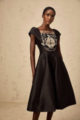 Paris Midi Dress Black Satin Floral Appliqu Tulle Paneling Square Neck Zip Fastening