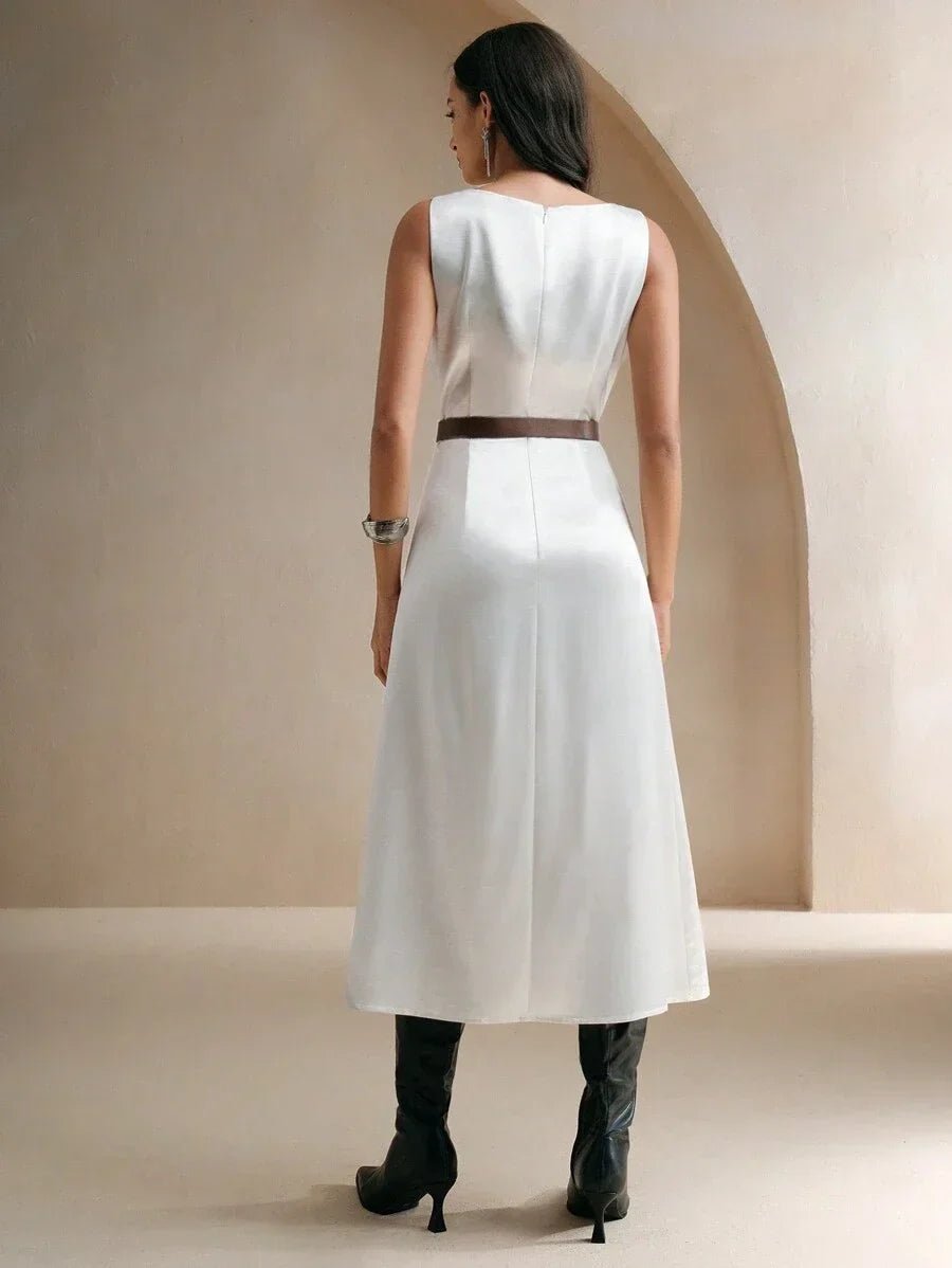Paris Midi Dress - Round Neck - Arm Sleeves - High Waist - Elegant - Appliques