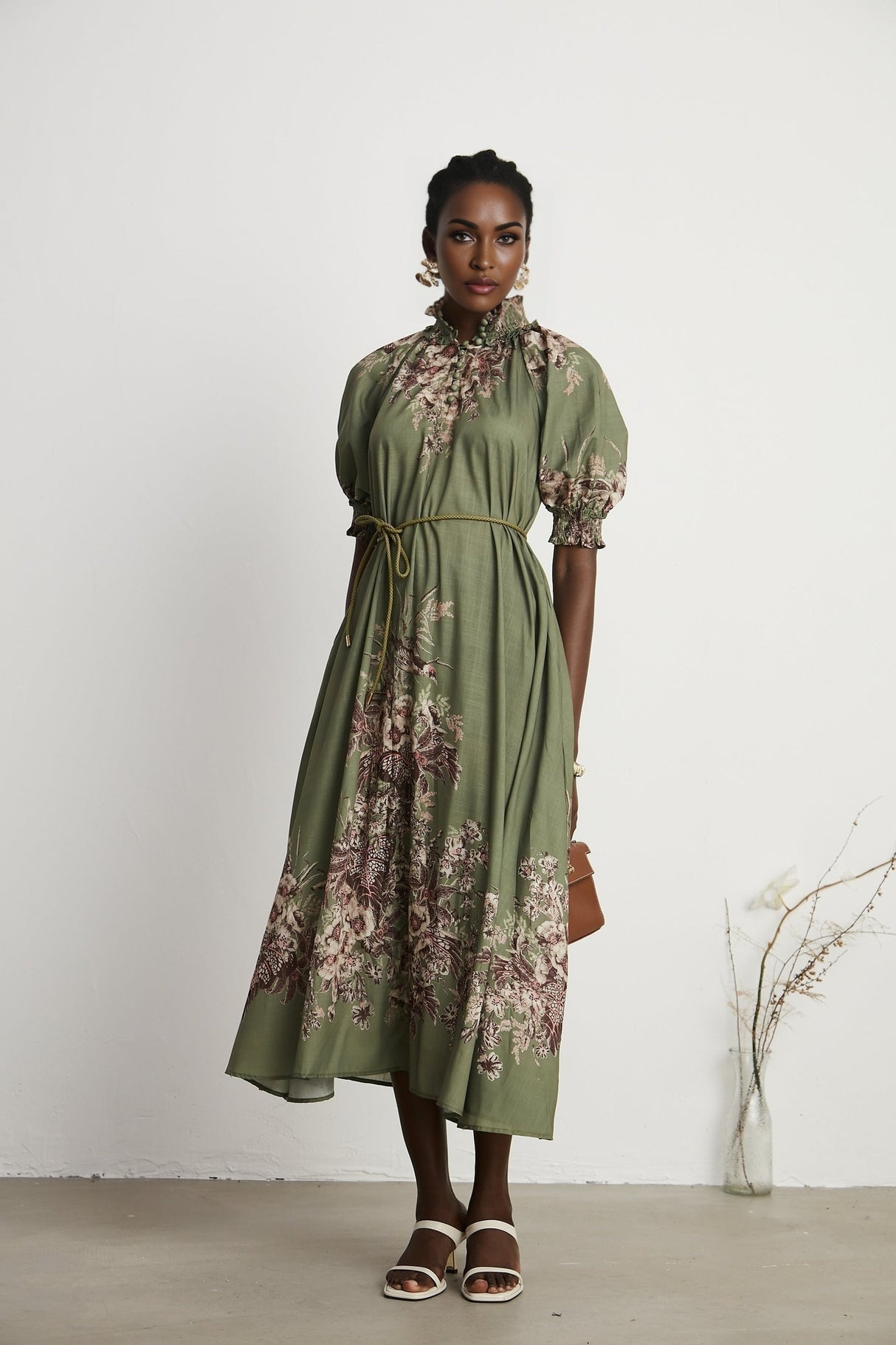 Pascale belted floralprint ramie midi dress