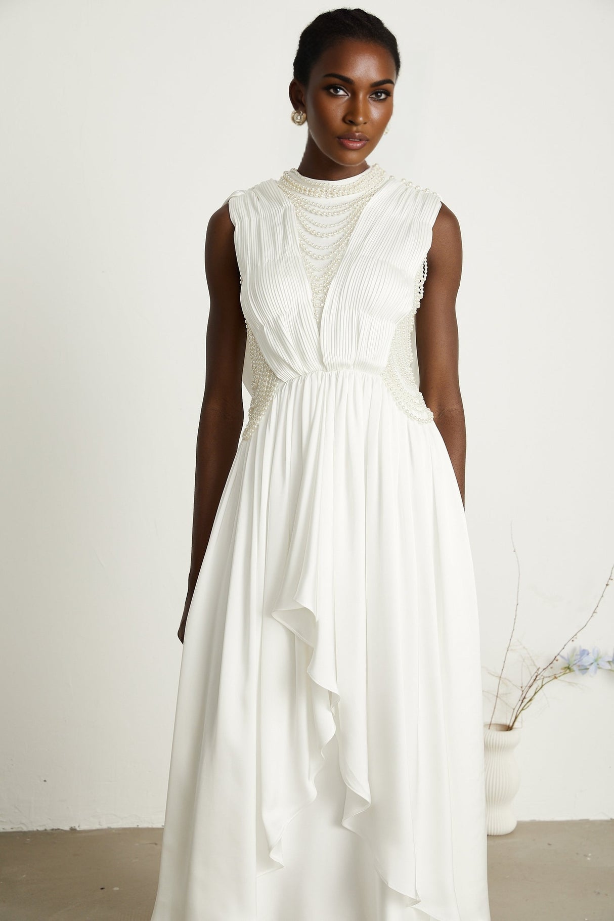 Pascale white fauxpearl pleated maxi dress