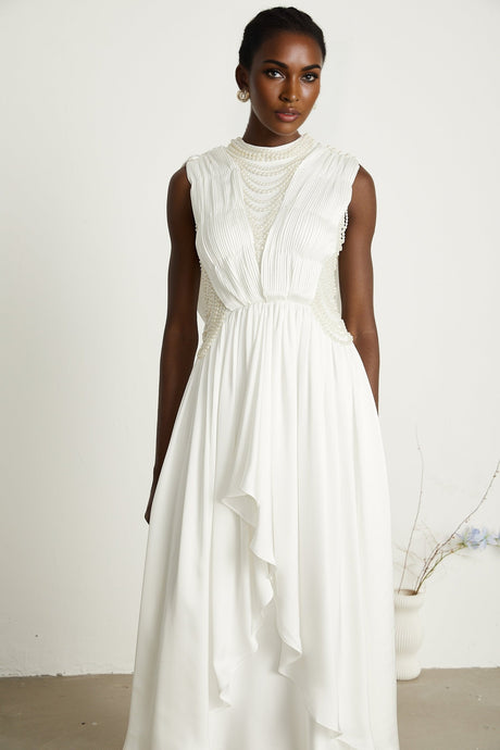 Pascale white fauxpearl pleated maxi dress