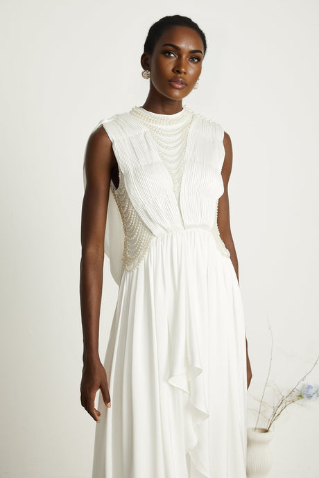 Pascale white fauxpearl pleated maxi dress