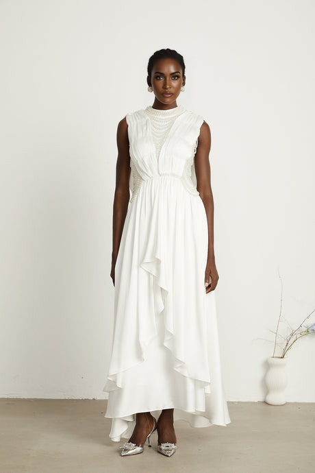 Pascale white fauxpearl pleated maxi dress
