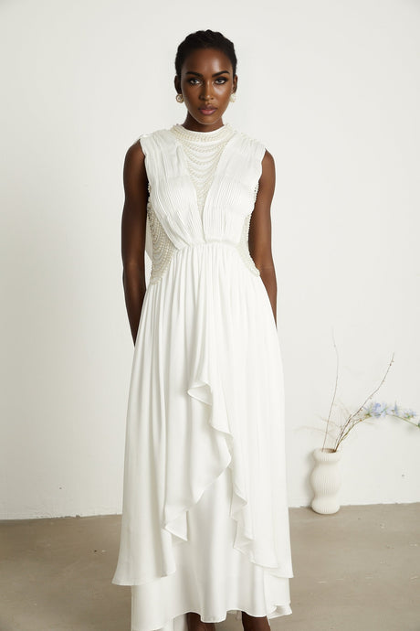 Pascale white fauxpearl pleated maxi dress