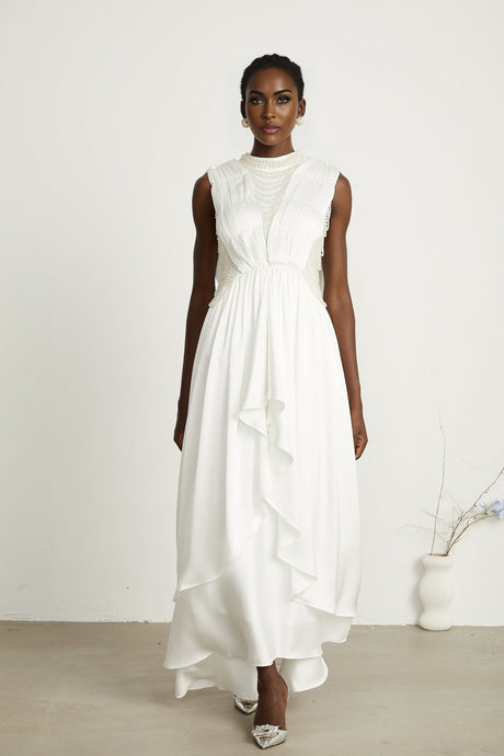 Pascale white fauxpearl pleated maxi dress