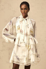 Pasqualina Mini Dress White Floral Print Tiered Chiffon & Ribbon Tie - Front