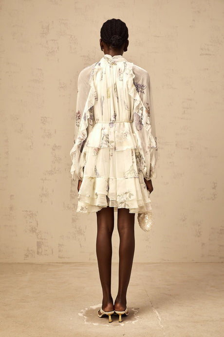 Pasqualina Mini Dress White Floral Print Tiered Chiffon & Ribbon Tie - Front