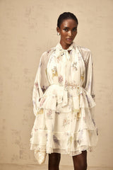 Pasqualina Mini Dress White Floral Print Tiered Chiffon & Ribbon Tie - Front