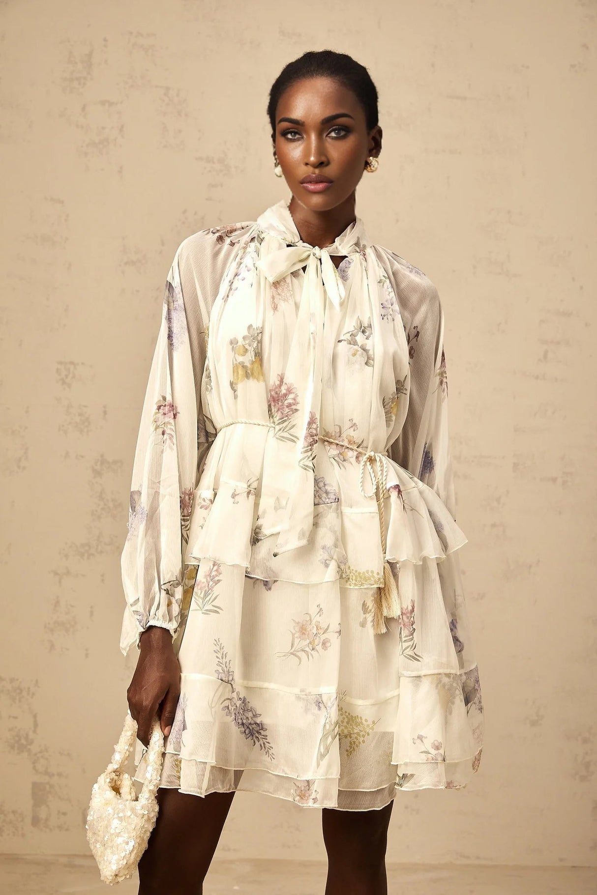 Pasqualina Mini Dress White Floral Print Tiered Chiffon & Ribbon Tie - Front