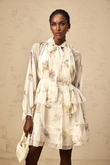 Pasqualina Mini Dress White Floral Print Tiered Chiffon & Ribbon Tie - Front