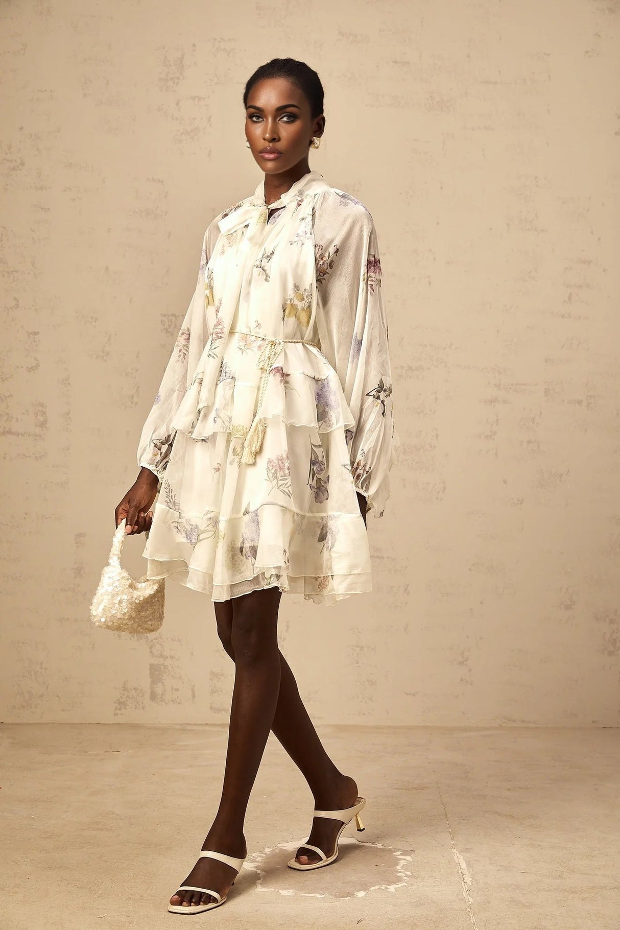 Pasqualina Mini Dress White Floral Print Tiered Chiffon & Ribbon Tie - Front